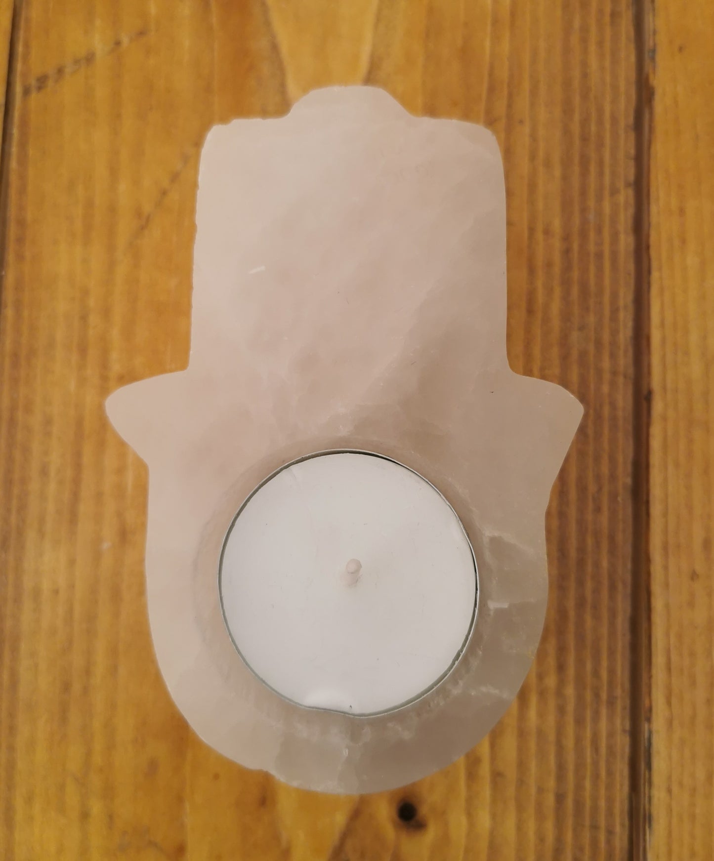 Hamsa selenite tea light holder